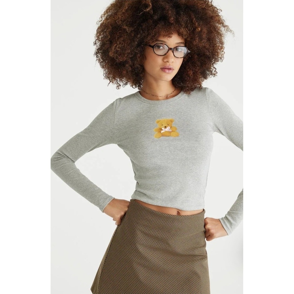 Aeropostale Seriously Soft‎ Baby Tee Sz S Gray Teddy Bear Bow Slim Fit Crew Neck